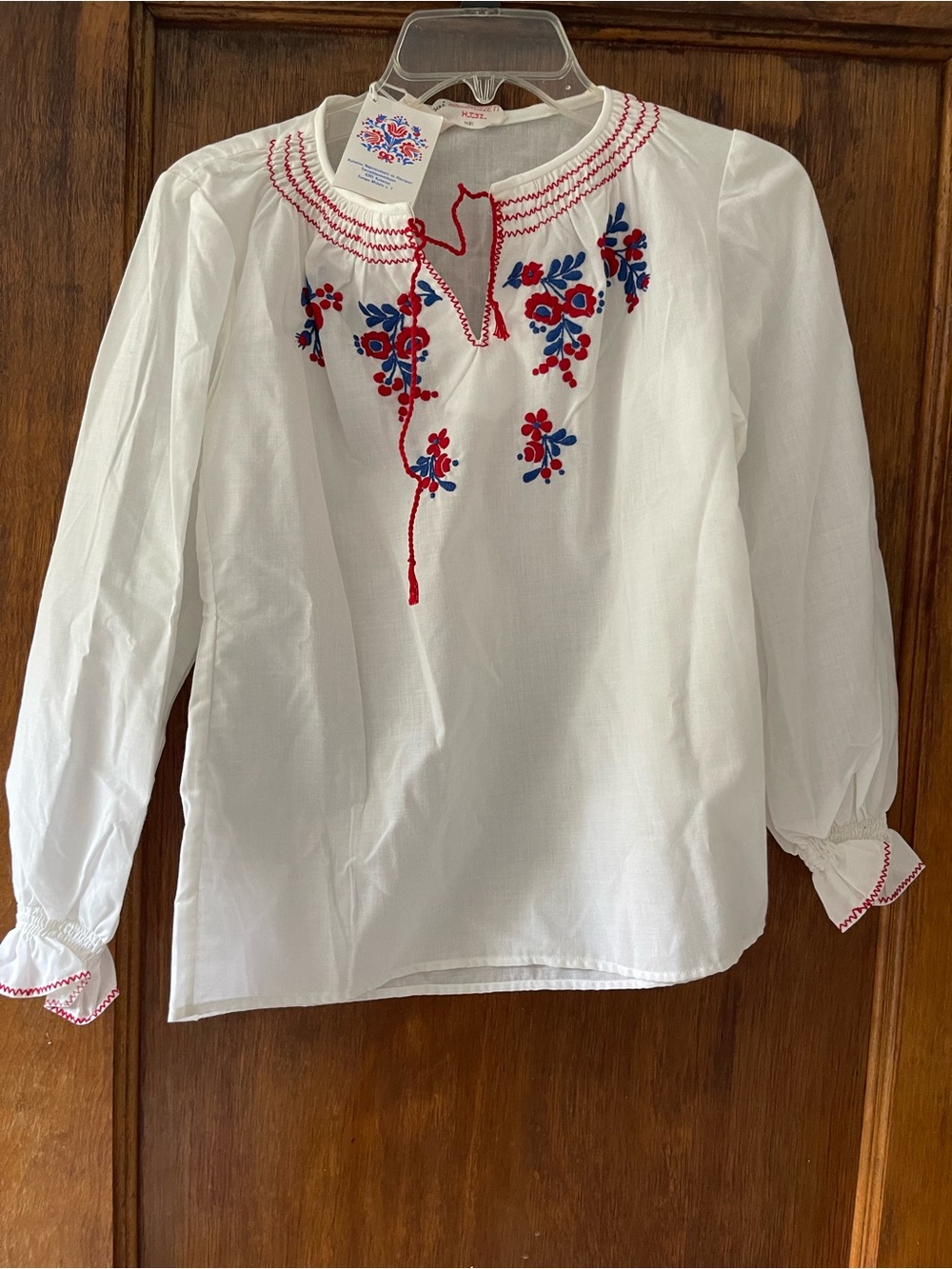 White Peasant Blouse with Red & Blue Floral Embroidery